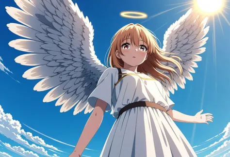 anime girl with angel wings and a halo in the sky