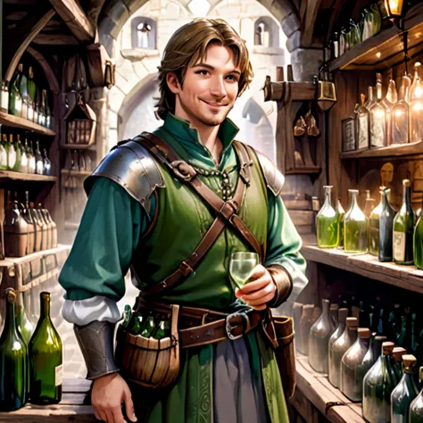 there is a man in a green dress holding a glass of wine