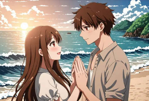 8K, 4K. A girl, absurd long brown hair, brown eyes is happy with his boyfriend with red eyes, brown hair, at the island sea, hands to hands, anime style, love scenario