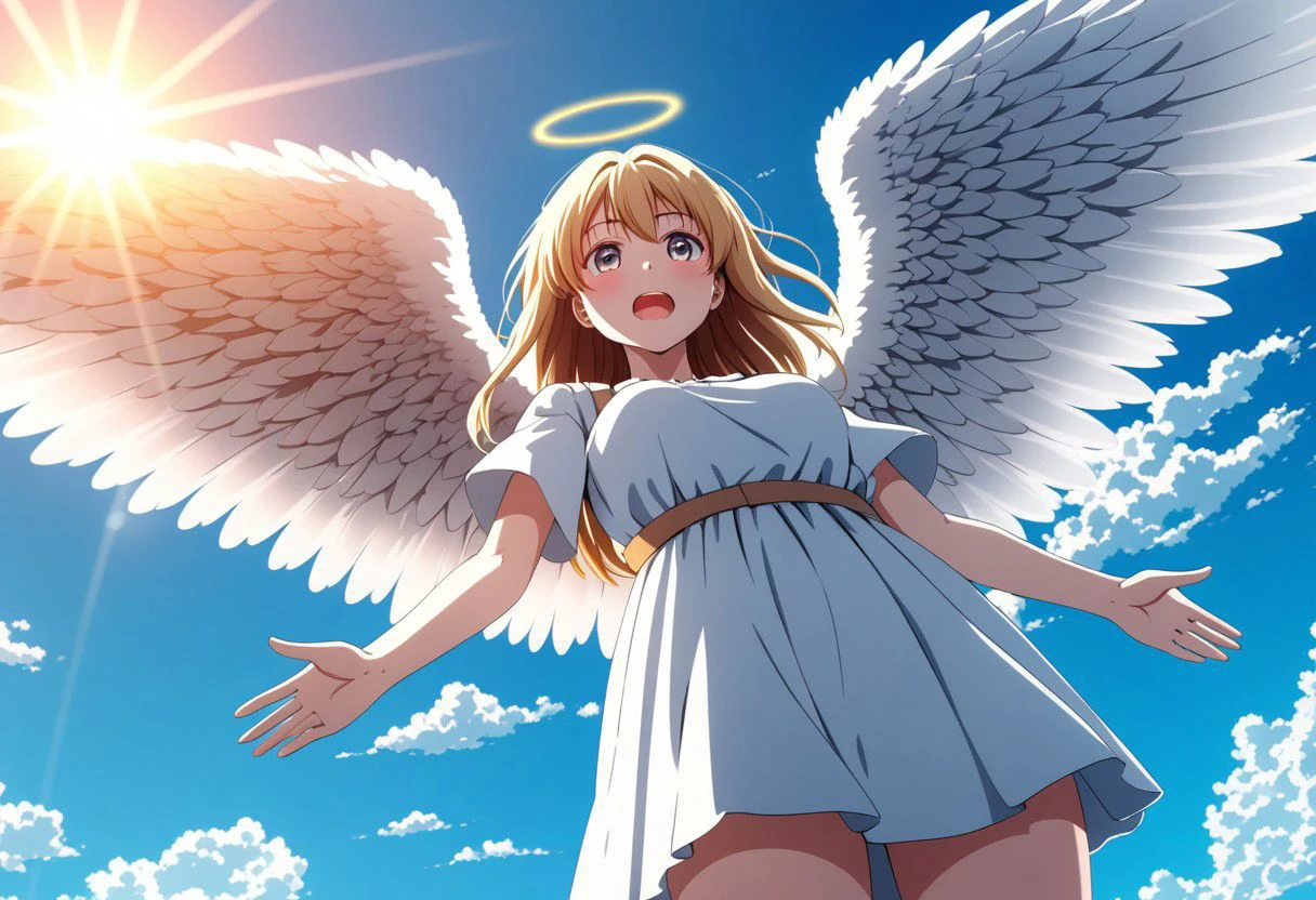 Anime angel girl with white wings and a halo in the sky - SeaArt AI