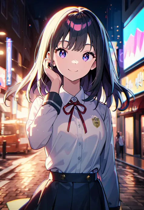 1girl, school uniform, smile, solo, city street, colorful, chromatic aberration, Movie Still, Cinematic Lighting, sensitive, masterpiece, best quality, very aesthetic, absurdres