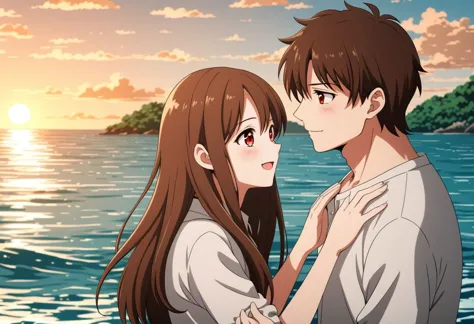 8K, 4K. A girl, absurd long brown hair, brown eyes is happy with his boyfriend with red eyes, brown hair, at the island sea, hands to hands, anime style, love scenario