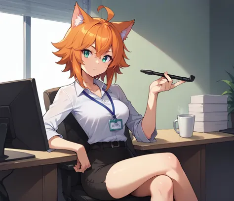 (holding kiseru pose:1.24),rating_safe,score_7_up,score_8_up,<lora:kiseru_v8:1.0>,hand on hip,_safe_,1girl,lanyard,crossed legs,sitting,at office,computer,afternoon at busy office,medium breasts,cat girl,aqua eyes,ahoge,orange hair