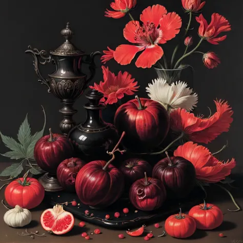 there is a still life of flowers and fruit on a table