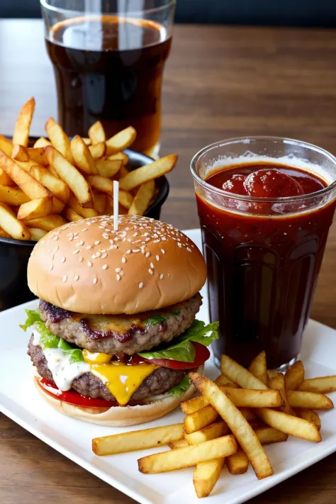 burger, fries, glass of cola, on a table