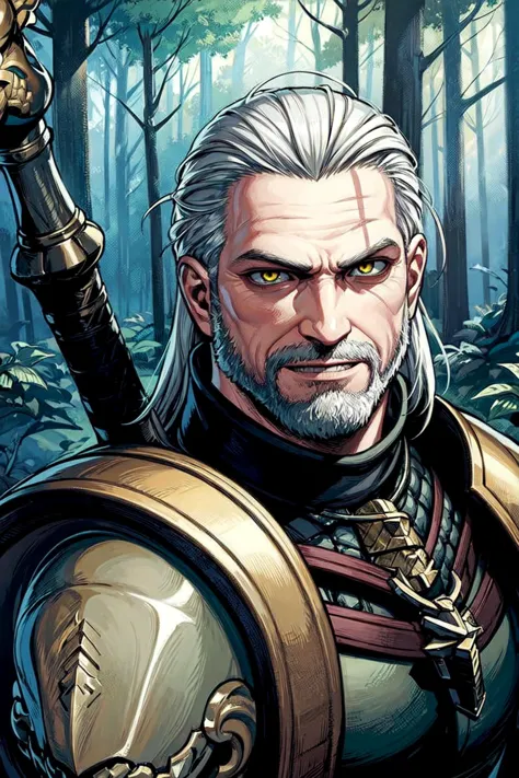 thick outlines, comics, photorealistic, perfect hands, masterpiece:1.2, forest, mist, dark, 1man, solo, monsters, <lora:geraltW3:0.5>, geralt_soul3142, beard, yellow eyes, white hair, armor, chainmail, detailed background, detailed face, detailed eyes, <lora:add_detail:0.7>