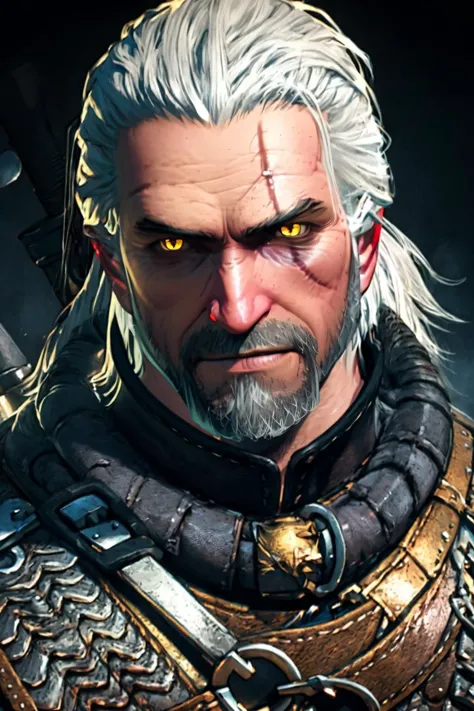 best quality, Mature male, Headshot, <lora:geraltW3-V3:.9> geralt, beard, yellow eyes, white hair, armor, chainmail