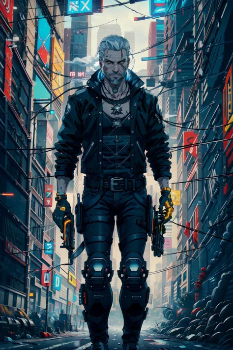 (masterpiece, top quality, best quality, official art, detailed:1.2), <lora:geraltW3-20:0.7>, geraldoW3, solo, shirt, gloves, standing, jacket, weapon, white hair, facial hair, beard, male focus, outdoors, open clothes, belt, pants, open jacket, gun, black shirt, tattoo, black pants, holding gun, handgun, smoke, science fiction, cigarette, city, realistic, smoking, road, mechanical arms, motorcycle, cyborg, prosthesis, prosthetic arm, cyberpunk, neon lights, medallion