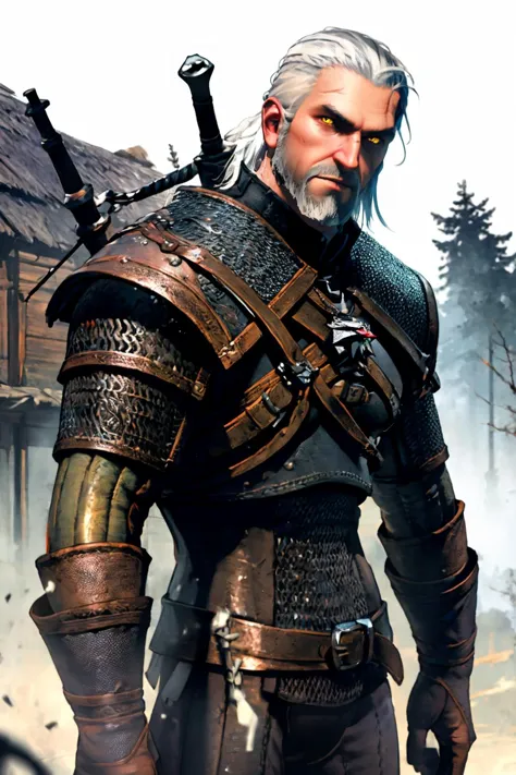 best quality, Mature male, head tilted to the side, <lora:geraltW3-V3:.9> geralt, beard, yellow eyes, white hair, armor, chainma...