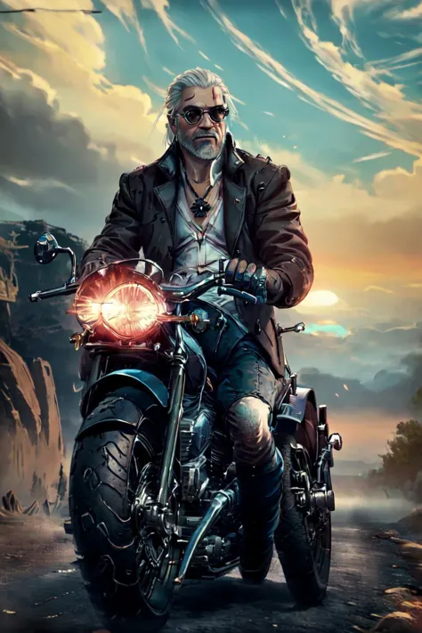 (masterpiece, top quality, best quality, official art, detailed:1.2), geraldoW3, solo, mature male,s, white hair, white gloves, coat, blood,facial hair, beard, formal, suit, beard, glove, sun glasses,medallion, shorts, riding motorcycle, road, seascape, sunset, realistic,