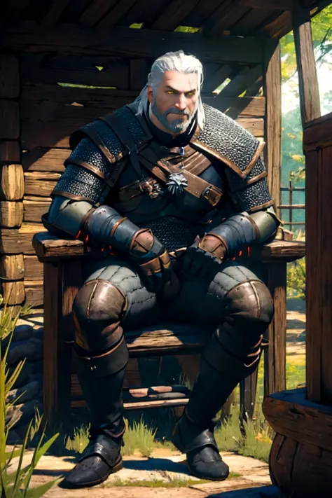 best quality, Mature male, Sitting down with legs crossed, <lora:geraltW3-V3:.9> geralt, beard, yellow eyes, white hair, armor, ...
