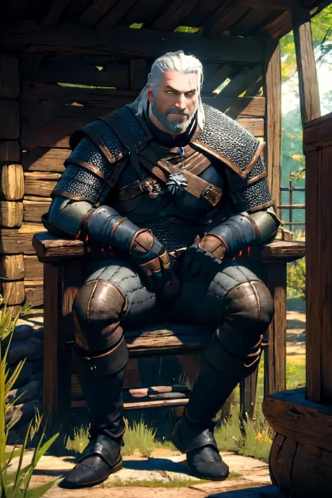 best quality, Mature male, Sitting down with legs crossed, <lora:geraltW3-V3:.9> geralt, beard, yellow eyes, white hair, armor, chainmail