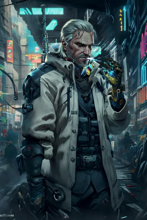 (masterpiece, top quality, best quality, official art, detailed:1.2), geraldoW3, solo, mature male,s, white hair, white gloves, coat, blood,facial hair, beard, formal, suit, beard, glove,medallion, sword on the back, walk,holding sword, handgun on the waist, smoke, science fiction, cigarette, city, realistic, smoking, street, mechanical arms, motorcycle, cyborg, prosthesis, prosthetic arm, cyberpunk, neon lights, medallion,