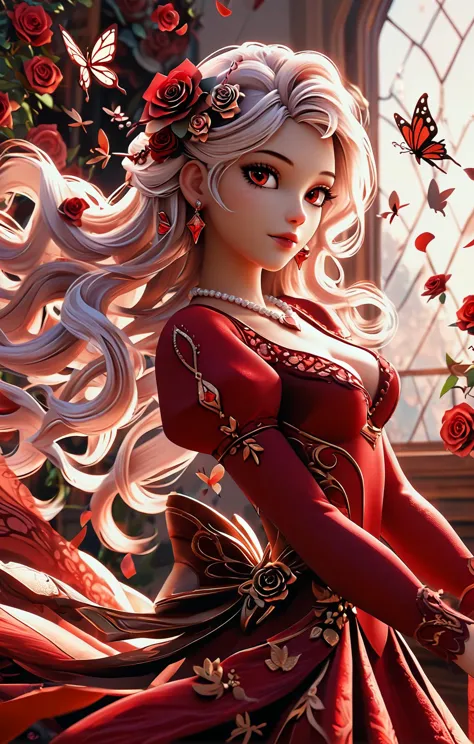 a close up of a woman in a red dress with flowers