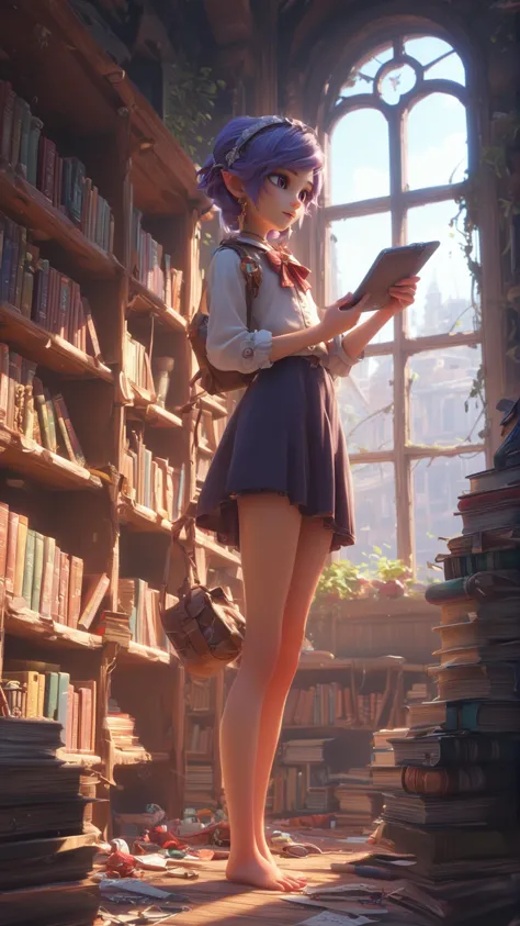 a woman in a library with a book and a bag