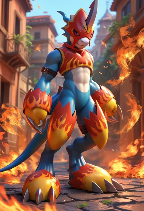 a close up of a pokemon character with fire in the background