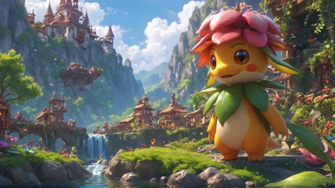 a close up of a pokemon character standing in front of a waterfall