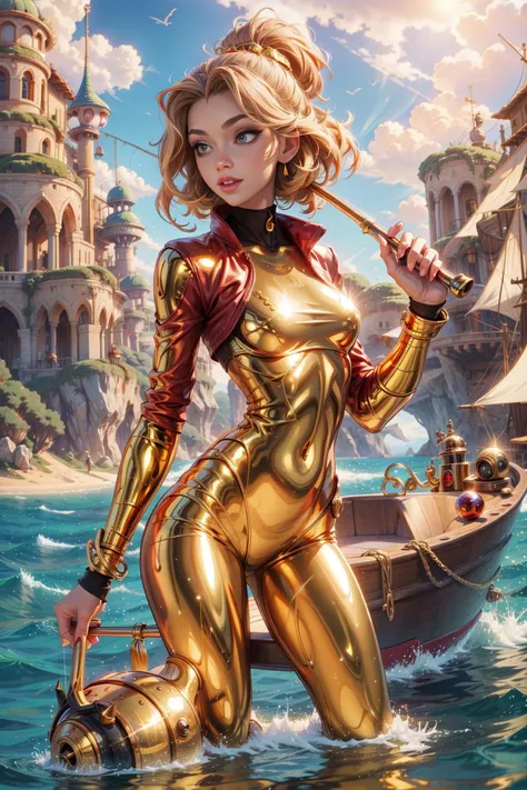 a woman in a gold bodysuit standing on a boat