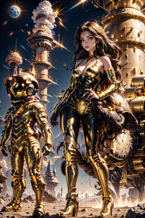 a woman in gold and a robot standing next to a building