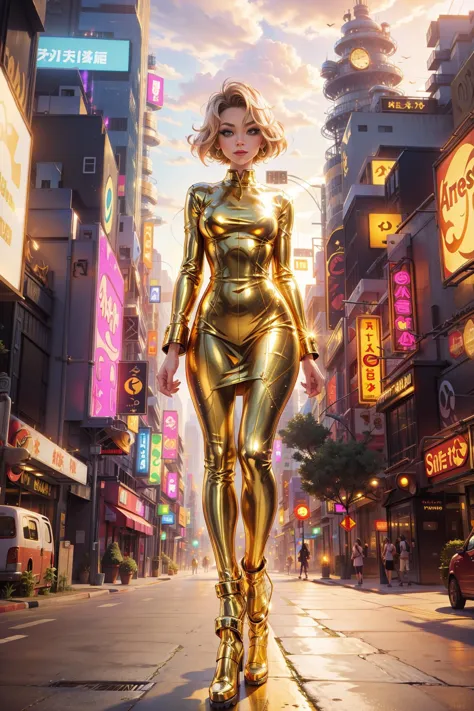 a woman in a gold suit walking down a city street