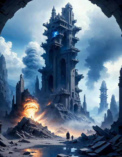 masterpiece,highres,realistic,best quality,beautiful homunculus,
Pioneer,
ethereal decay,
explosion,
ancient ruins,
ancient prophecy site on the background,
Cool Gray and Primary Blue and Matte Gray,
TimeCollapseX style, fantasy, concept art, makoto shink<lora:TimeCollapseX_epoch_10:1><lora:perfect feet:1><lora:Perfect Hands:1>