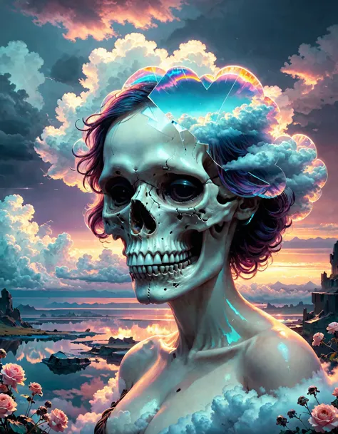 a woman with a skull face and a flower in her hair