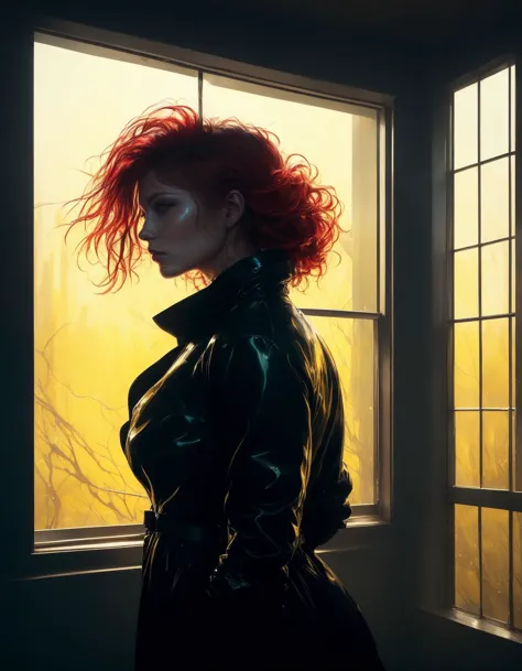 masterpiece,highres,realistic,best quality,fashion,negative space,prettyish woman,messy hair hairstyle,Looming in a sinister silhouette against a dimly lit window., ,
Expeditioner,
glistening,
overgrown,
bioluminescent organisms,
dystopian megacity on the background,
Bright Red and Dark Brown and Canary Yellow,
surrealism,distopyc,TimeCollapseX style, Met<lora:TimeCollapseX_epoch_10:1><lora:perfect feet:1><lora:Perfect Hands:1>