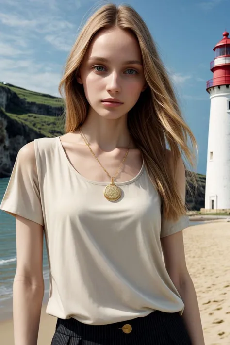 <lora:kawaii7.1.3_obj20:0.75:0.25>, european woman, closeup, (shirt), pants, (beach lighthouse), gold necklace , zm_maria, wide ...