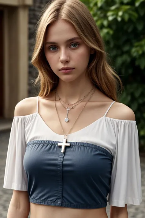 <lora:kawaii7.1.3_obj20:0.75:0.25>, European woman, closeup, (shirt), pants, (catalina island), cross necklace , ZM_maria, wide shoulders, perfect face, (contact iris: 1.1), pale skin, skin pores , depth of field