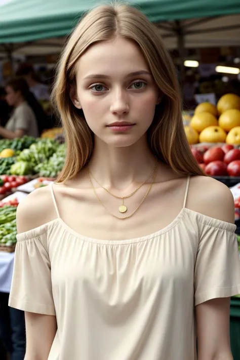 a woman standing in front of a fruit stand with a necklace on