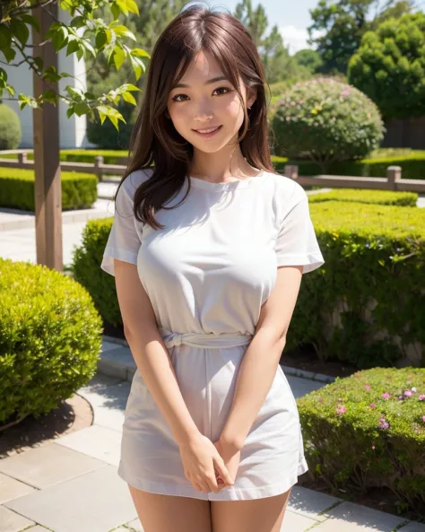 best quality, face focus, soft light, (depth of field) ,ultra high res, (photorealistic:1.4), RAW photo,
(upper thigh:1.4) ,(from front)
1japanese girl, solo, cute, (shy, smile:1.1), (brown eyes),  detailed beautiful face, (midi_hair ), 
garden,(standing)
...