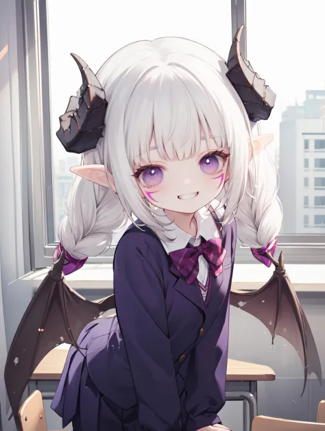 nyarly, (kid, child:1),facial mark,twin braids,horns, grey hair, purple eyes,
school uniform,  low bat wings,
grin, 
standing,
classroom,
<lora:clearloli_v1.1:1> <lora:nyarly_v1.5-000010:1>