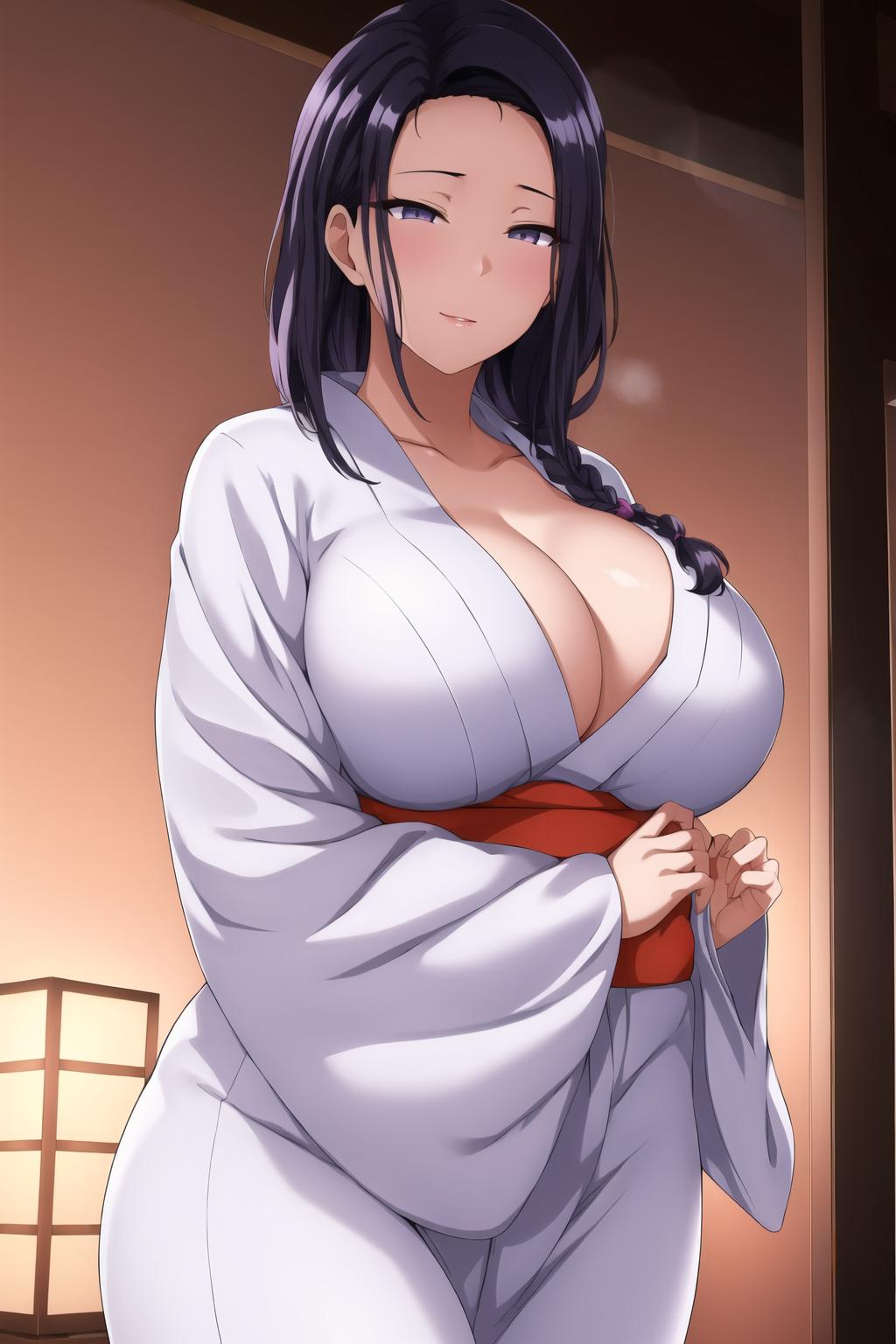 ...Standing at attention,(White_kimono:1.3),cleavage,lora:Tsubaki_Miyajima_...