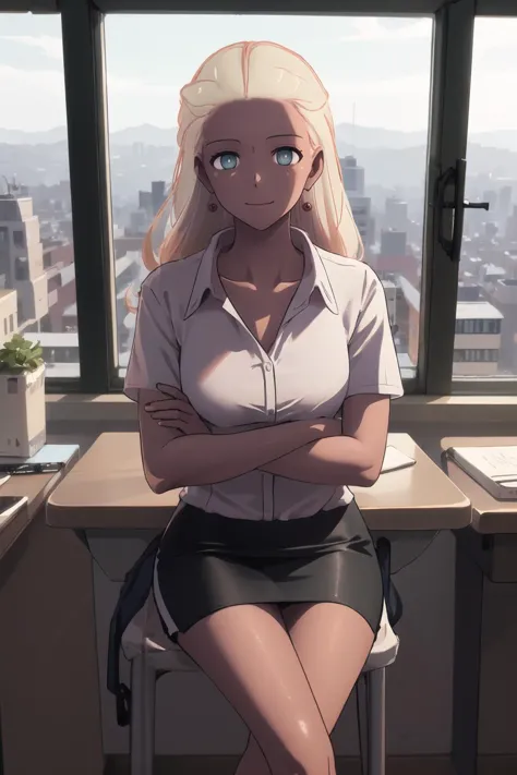 anime girl sitting on a chair in front of a window