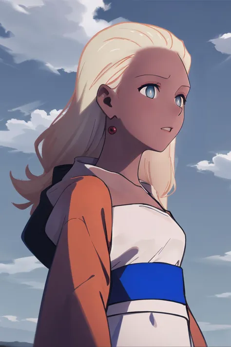 a woman with blonde hair and blue eyes standing in front of a cloudy sky