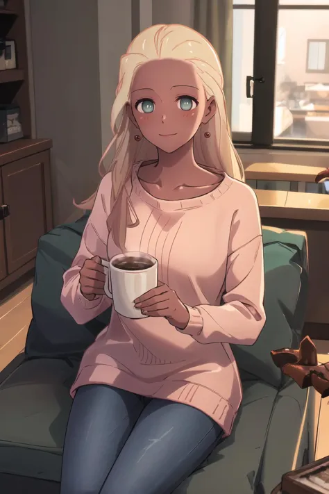 a woman sitting on a couch holding a cup of coffee