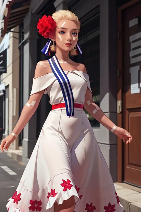 woman in white dress walking down street with red flower in hair