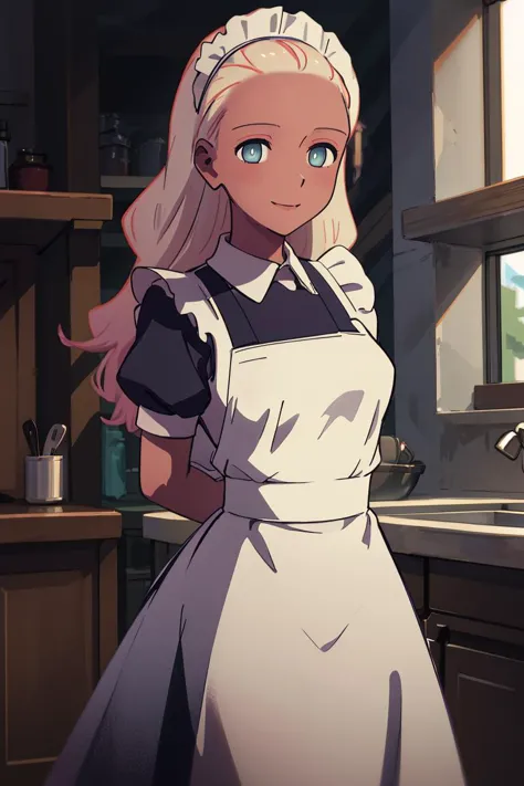 anime girl in a kitchen with a white apron and blue eyes