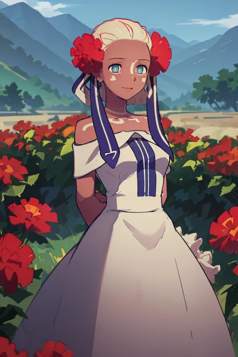 a woman in a white dress standing in a field of flowers