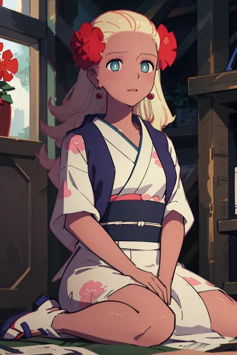 anime girl sitting on the floor in a room with a flower in her hair