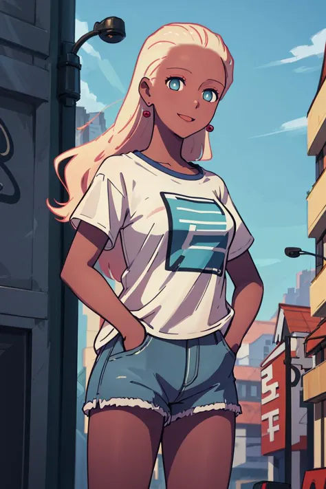 a woman standing in a city street with a white shirt and blue shorts