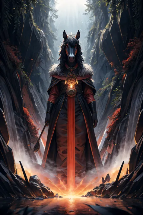 a man in a red cloak and a sword stands in a dark forest