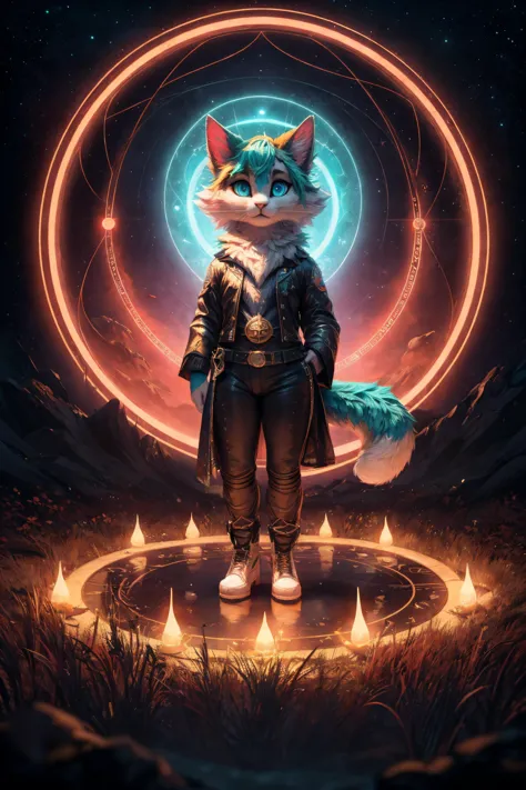 (best quality, masterpiece, detailed, 8k), breathtaking ,RAW, realistic, 
nvdreampunk, (abstract surrealism:1.3), mixed media, Snazzy girl, furry (anthro cat:1.1), large shining Turquoise eyes, full body, Meshy, Ginseng, Stellar Evolution, magic spell circle, wearing  Sorcerer's Breeches,  Elven Boleros , , , ,
detailed fur texture, subsurface scattering, (masterpiece, award-winning, professional, HDR)