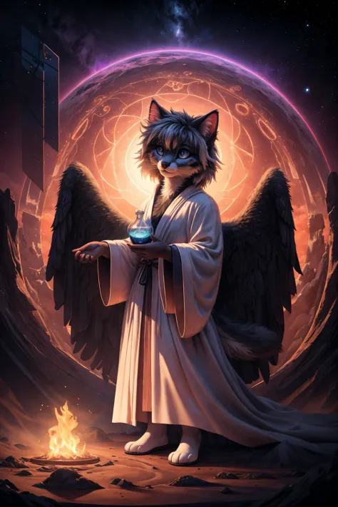 a cat dressed as an angel holding a glowing orb