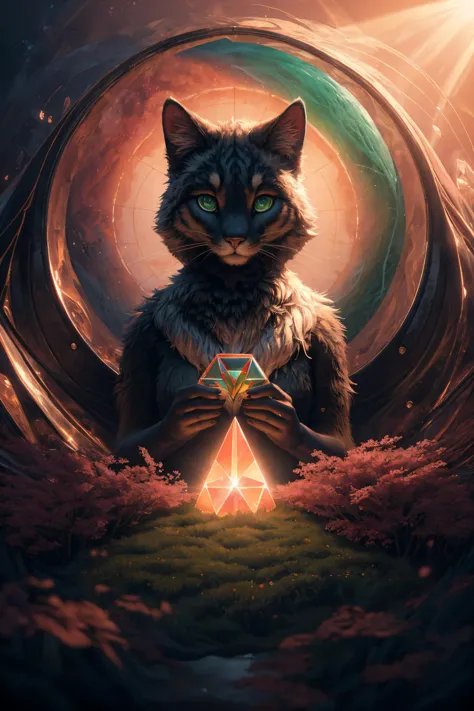 a cat with a light shining on it's face and a triangle in its paws