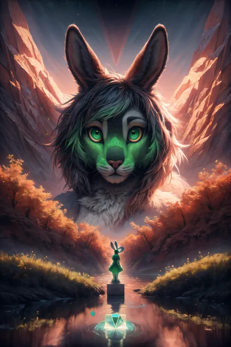 a cat with green eyes and a green head stands in front of a lake