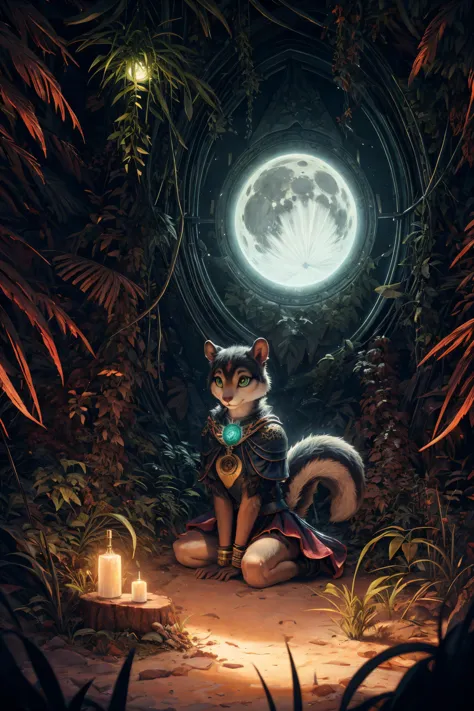 a cat sitting in the middle of a forest with a candle