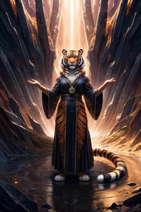 a tiger in a robe standing in a cave with a light shining behind it