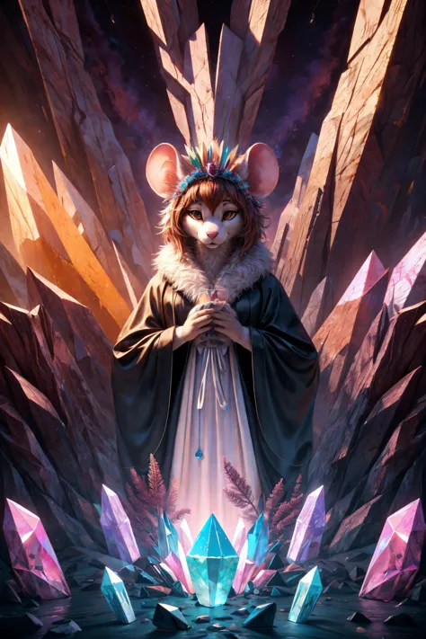 a mouse with a crown on its head standing in front of a crystal