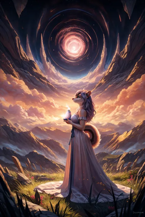 a woman in a long dress standing on a hill with a cat